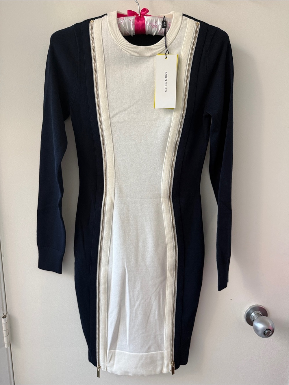 Karen Millen Navy and White Colorblock Long Sleeve Knit fitted Dress XS NWT $299